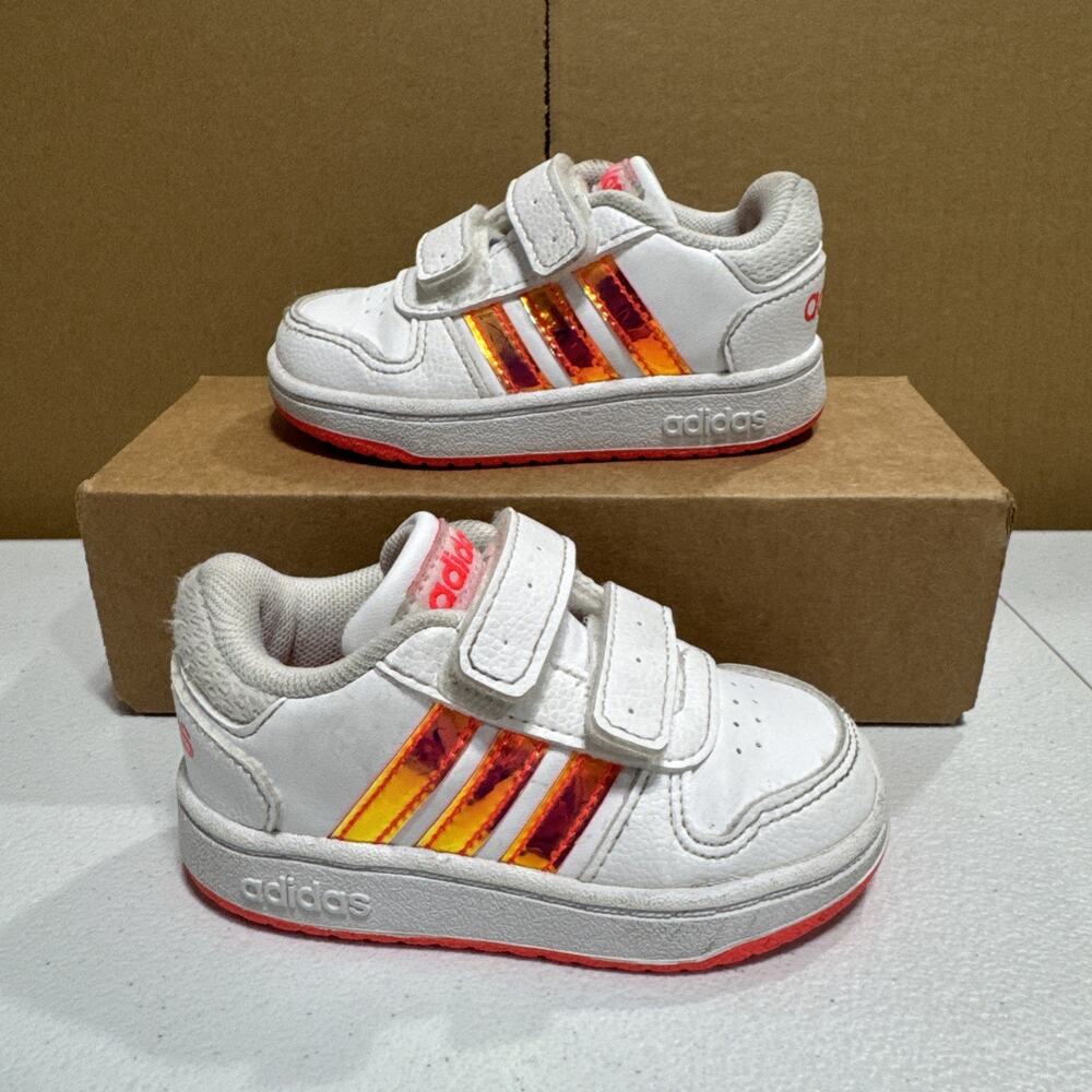 Adidas Hoops 2.0 Sneakers Shoes Little Girls Sz 5 Low Top Neon iridescent White